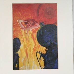 Flames lady space adventure matted art Pulp pop